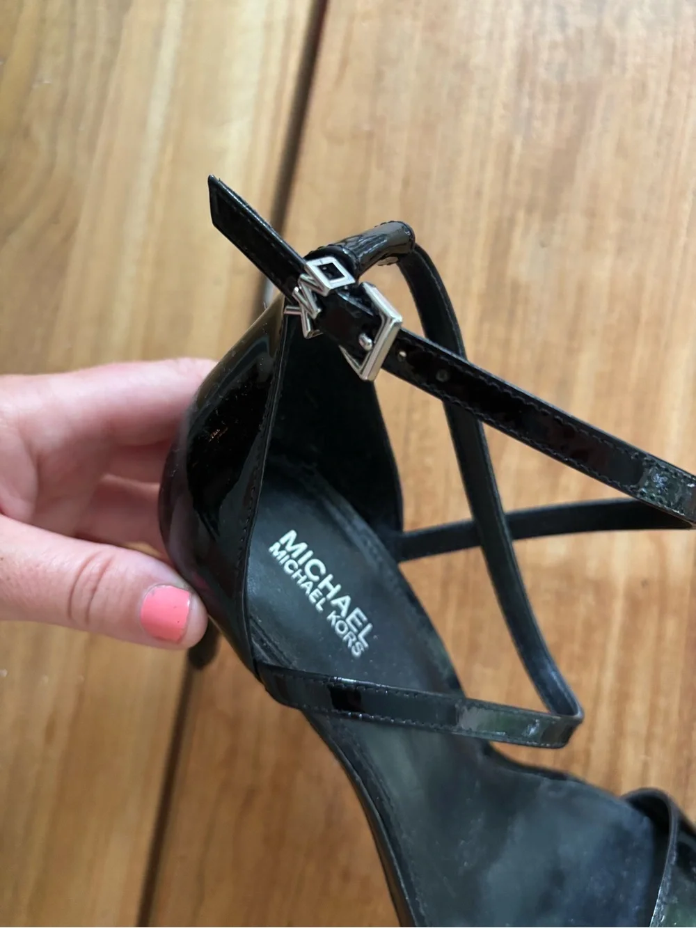MICHAEL KORS Ava Mid Sandals Black Patent Leather Heels Size 7.5